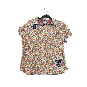 Disney Parks (Size L) Authentic Floral Roll Tab Sleeve Embroidered Button Shirt